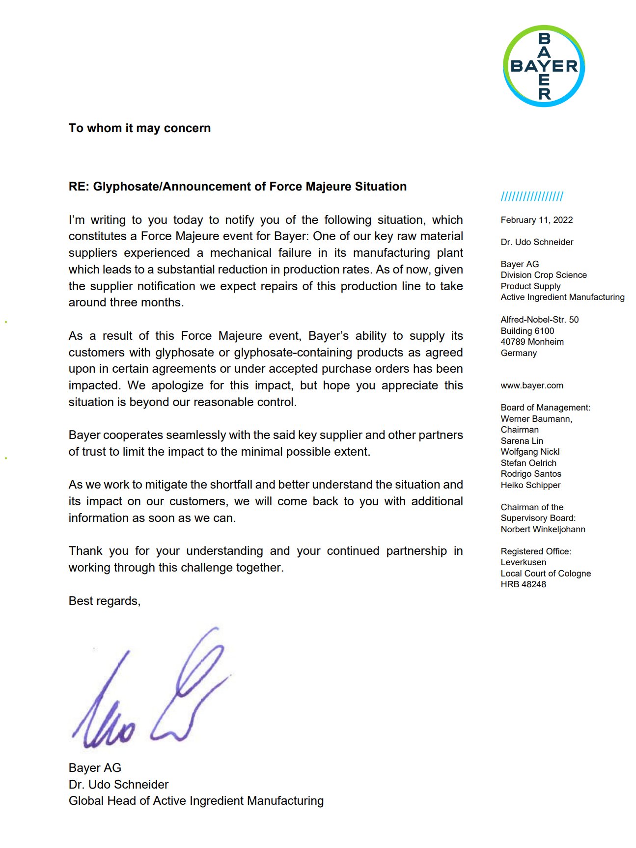 Bayer announces “Force Majeure Situation” in glyphosate supply chain