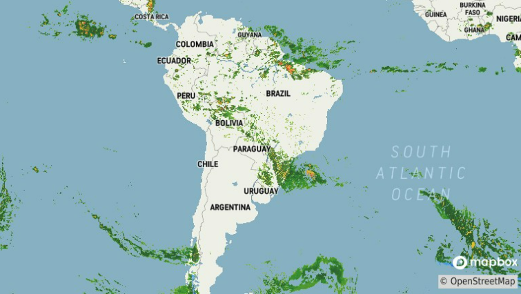 South America satellite radar image showing cloud cover and storm systems