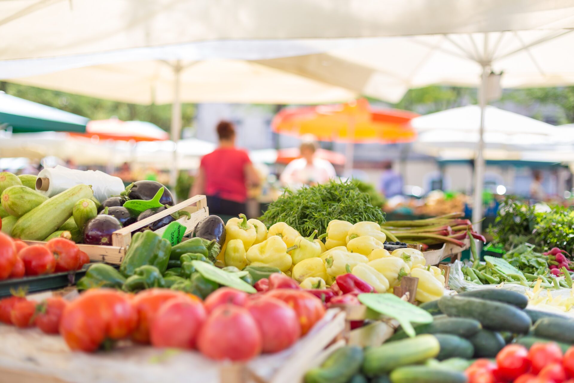 Farmers market stall with variety of organic vegetable.