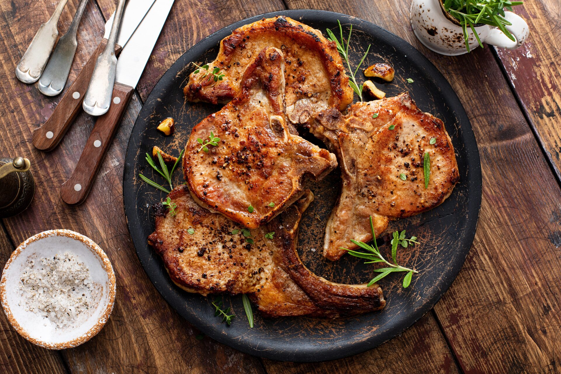 Grilled or pan fried pork chops on the bone